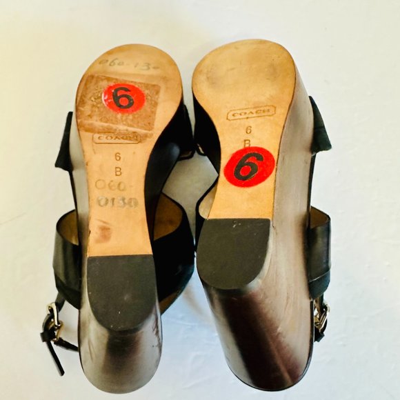 COACH SIGNATURE LOGO CANVAS AND LEATHER BLACK SLINGBACK PLATFORM WEDGES 6B - Picture 5 of 8